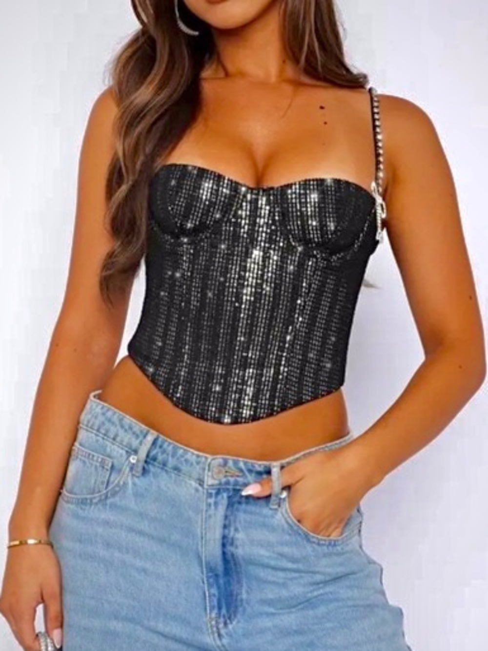 White Fox Boutique Black Sequin Bustier Corset M